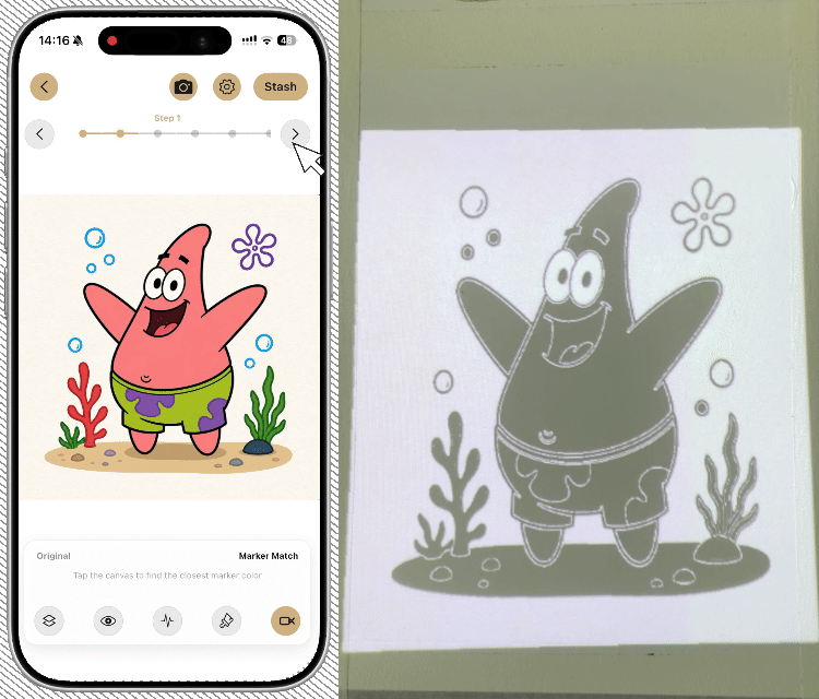 Follow the light, step by step: App + layered projection GIF