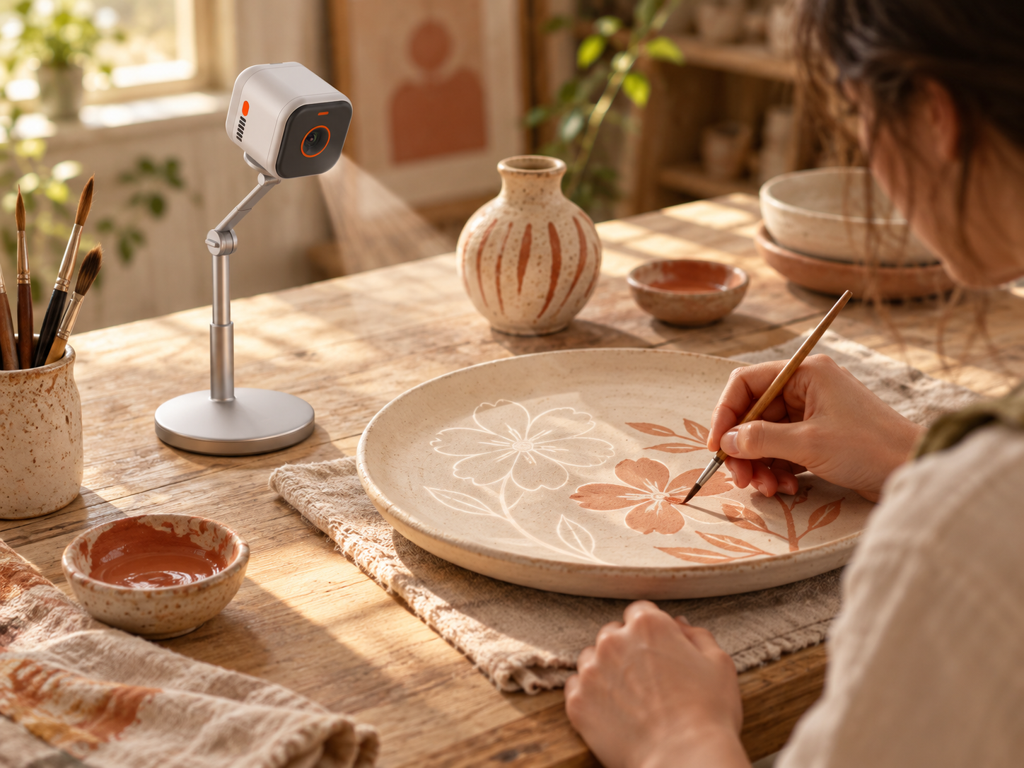 Artist painting a ceramic plate with Flowlines guidance