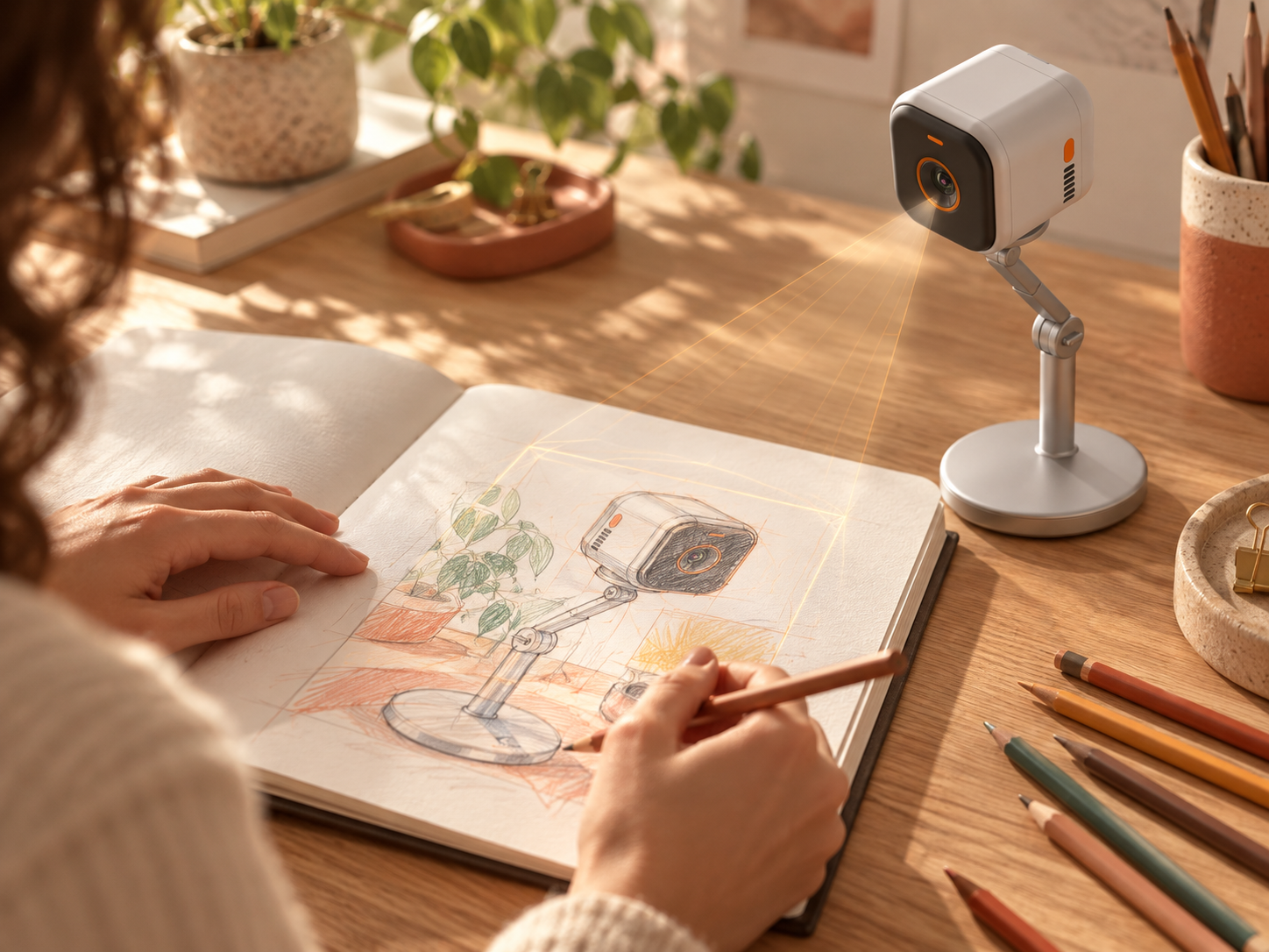 Artist drawing on paper with Flowlines guidance