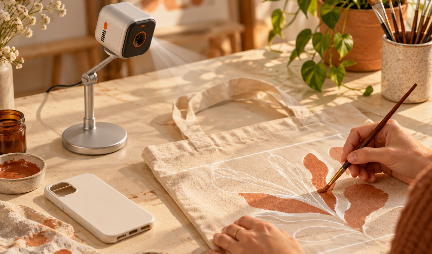 Artist painting a canvas tote and phone case with Flowlines guidance